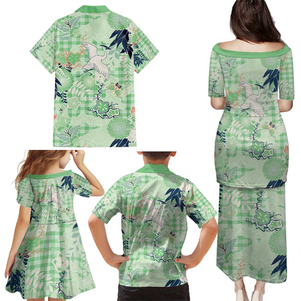 Green Palaka Crane and Flowers Family Matching Puletasi and Hawaiian Shirt Japan Heritage Spirit LT9 - Polynesian Pride
