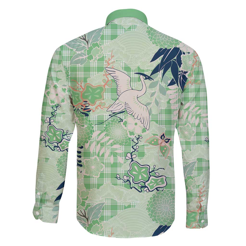 Green Palaka Crane and Flowers Family Matching Puletasi and Hawaiian Shirt Japan Heritage Spirit LT9 - Polynesian Pride