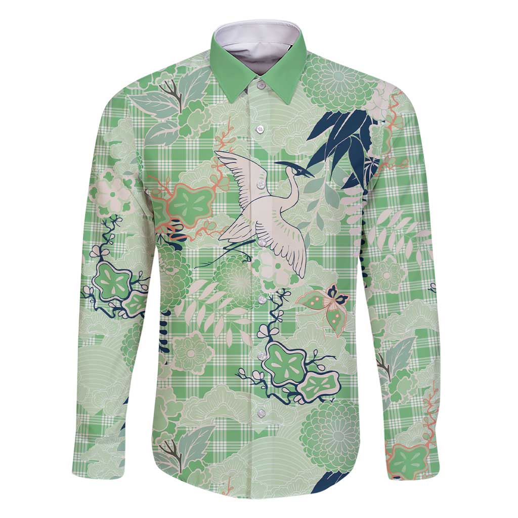 Green Palaka Crane and Flowers Family Matching Short Sleeve Bodycon Dress and Hawaiian Shirt Japan Heritage Spirit LT9 Dad's Shirt - Long Sleeve Green - Polynesian Pride