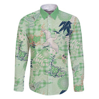 Green Palaka Crane and Flowers Family Matching Short Sleeve Bodycon Dress and Hawaiian Shirt Japan Heritage Spirit LT9 Dad's Shirt - Long Sleeve Green - Polynesian Pride