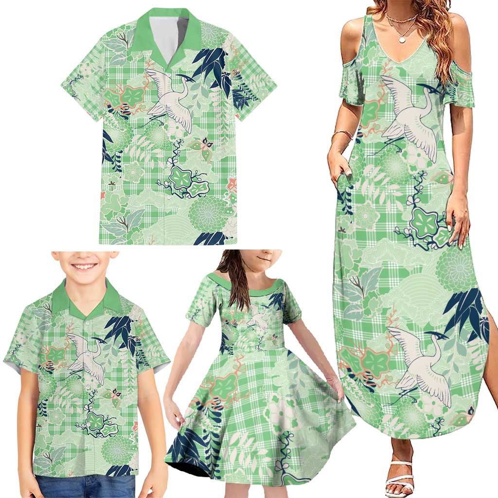 Green Palaka Crane and Flowers Family Matching Summer Maxi Dress and Hawaiian Shirt Japan Heritage Spirit LT9 - Polynesian Pride