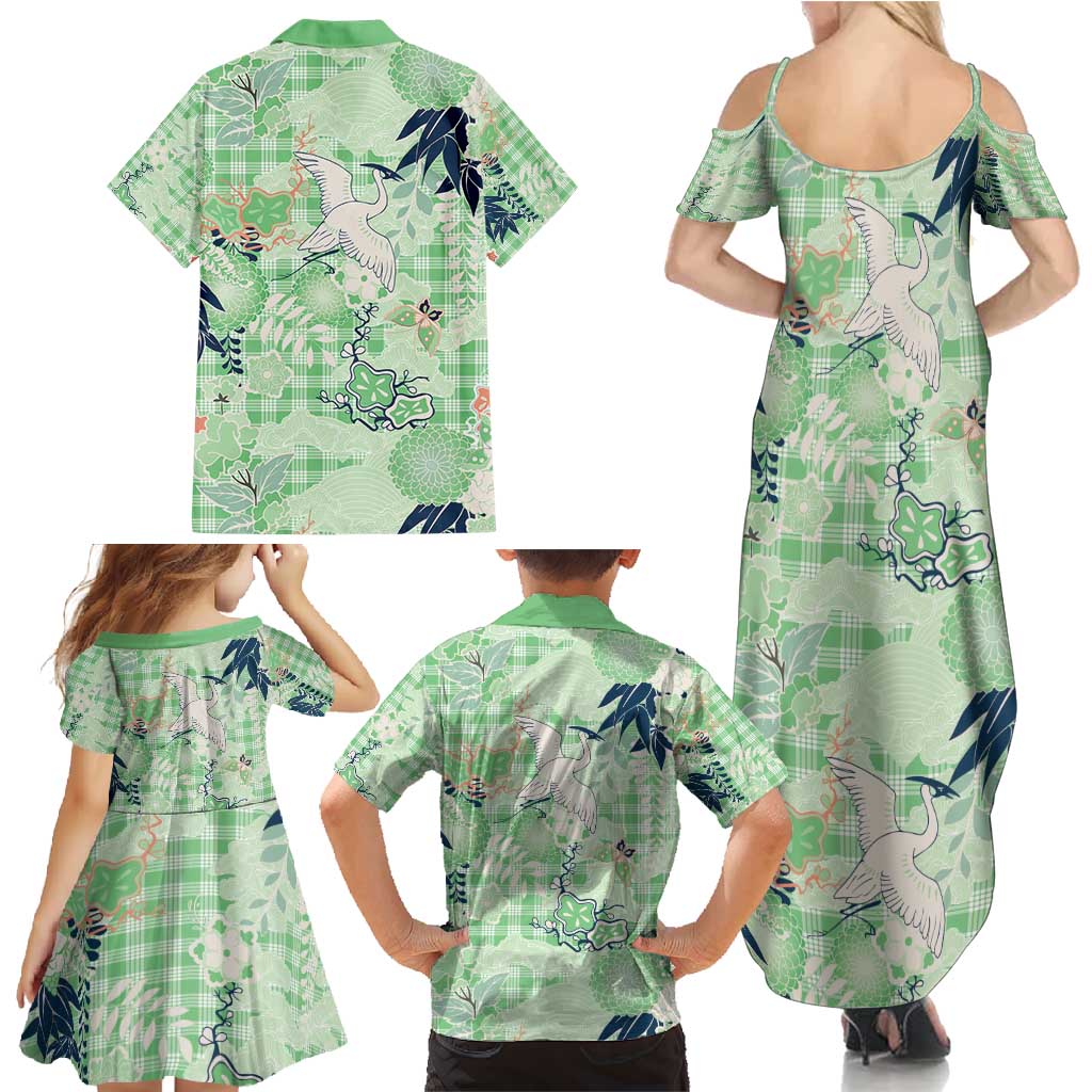 Green Palaka Crane and Flowers Family Matching Summer Maxi Dress and Hawaiian Shirt Japan Heritage Spirit LT9 - Polynesian Pride