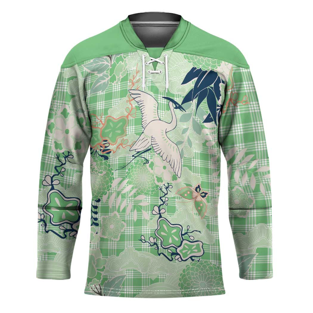 Green Palaka Crane and Flowers Hockey Jersey Japan Heritage Spirit LT9 Unisex Green - Polynesian Pride