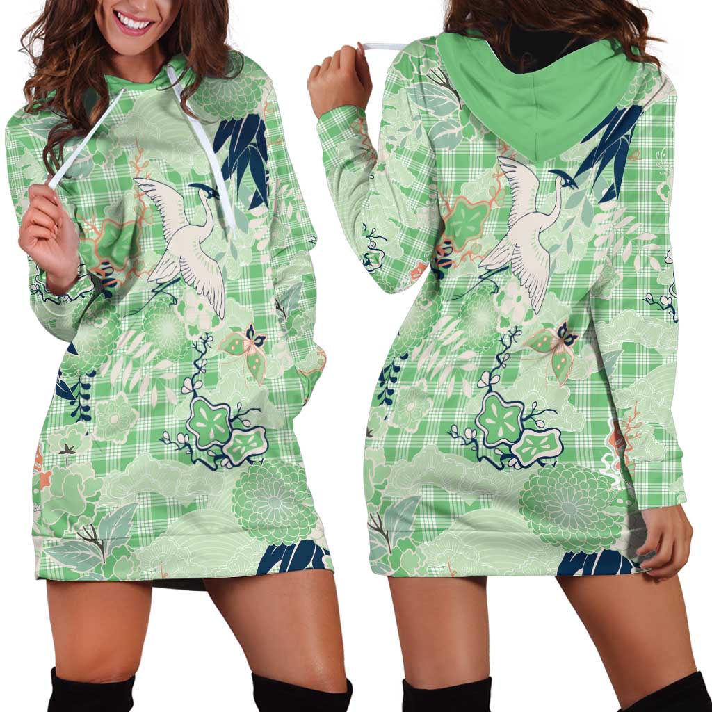 Green Palaka Crane and Flowers Hoodie Dress Japan Heritage Spirit LT9 - Polynesian Pride