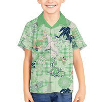 Green Palaka Crane and Flowers Kid Hawaiian Shirt Japan Heritage Spirit LT9 Kid Green - Polynesian Pride