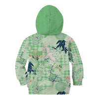 Green Palaka Crane and Flowers Kid Hoodie Japan Heritage Spirit - Polynesian Pride