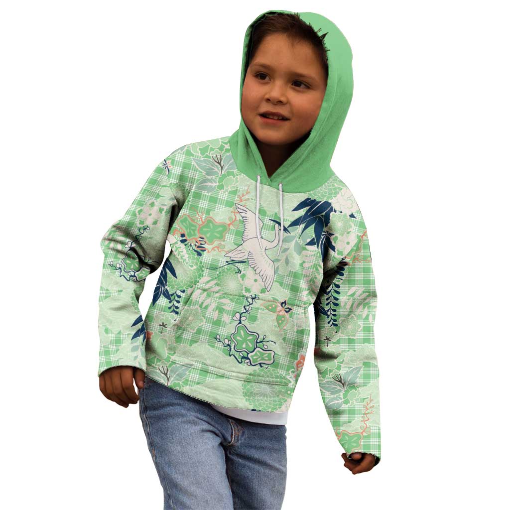 Green Palaka Crane and Flowers Kid Hoodie Japan Heritage Spirit - Polynesian Pride
