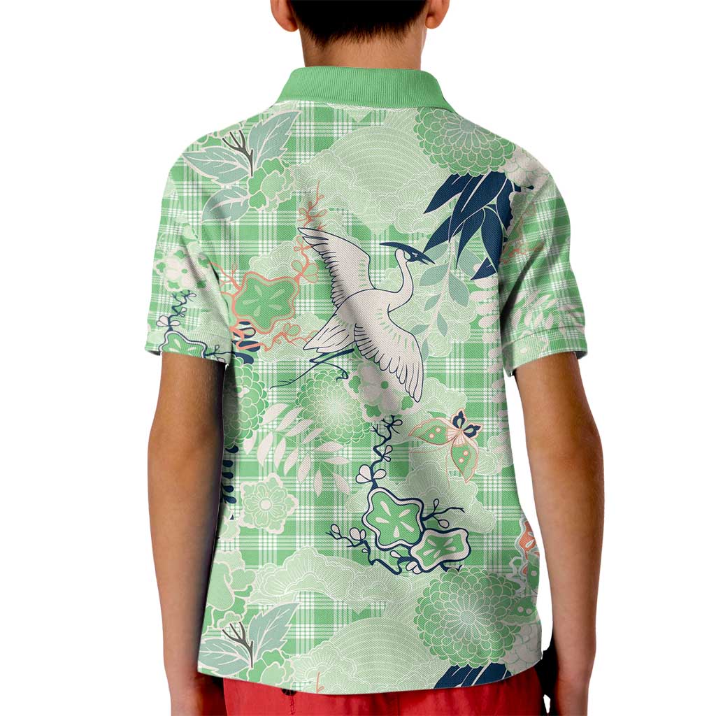 Green Palaka Crane and Flowers Kid Polo Shirt Japan Heritage Spirit LT9 - Polynesian Pride