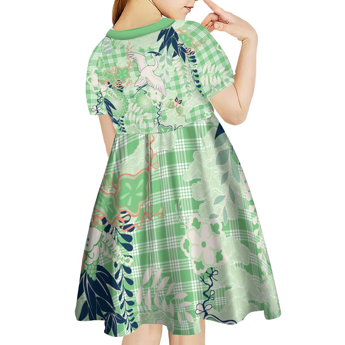 Green Palaka Crane and Flowers Kid Short Sleeve Dress Japan Heritage Spirit LT9 - Polynesian Pride
