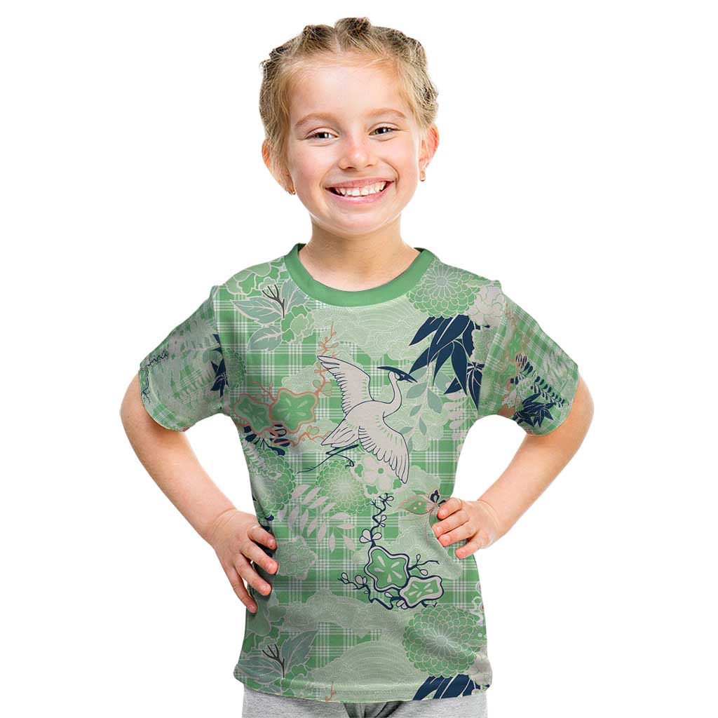 Green Palaka Crane and Flowers Kid T Shirt Japan Heritage Spirit LT9 Green - Polynesian Pride