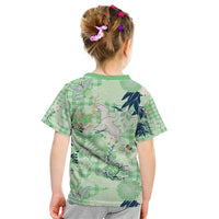 Green Palaka Crane and Flowers Kid T Shirt Japan Heritage Spirit LT9 - Polynesian Pride
