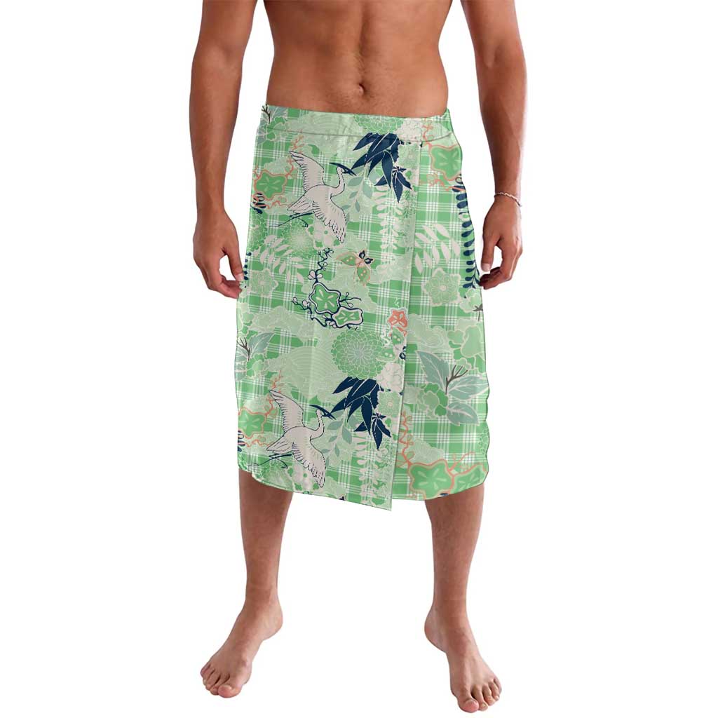 Green Palaka Crane and Flowers Lavalava Japan Heritage Spirit - Polynesian Pride
