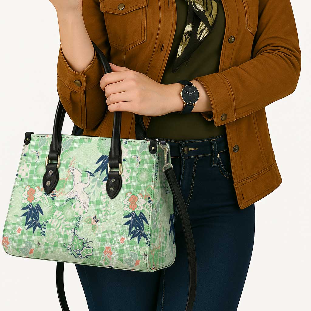 Green Palaka Crane and Flowers Leather Bag Japan Heritage Spirit - Polynesian Pride