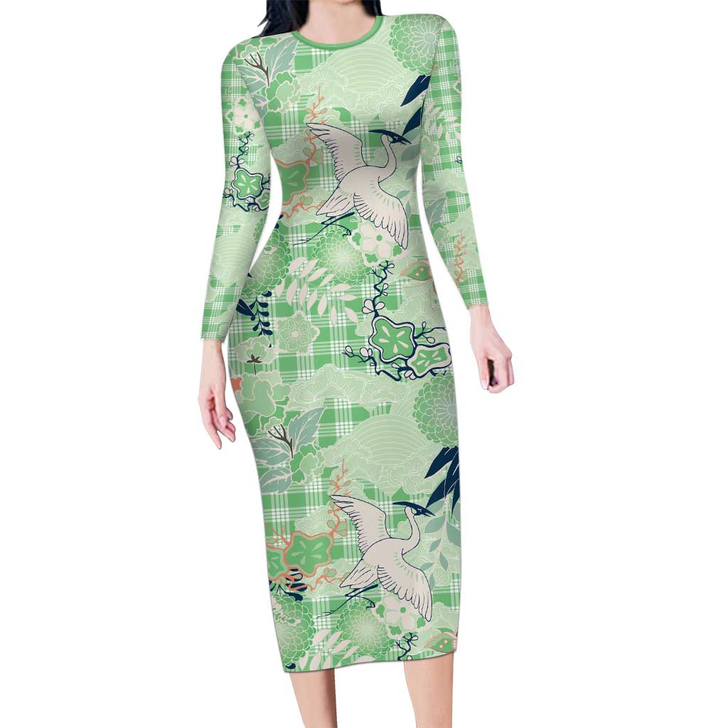 Green Palaka Crane and Flowers Long Sleeve Bodycon Dress Japan Heritage Spirit LT9 Long Dress Green - Polynesian Pride