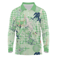Green Palaka Crane and Flowers Long Sleeve Polo Shirt Japan Heritage Spirit LT9 Green - Polynesian Pride