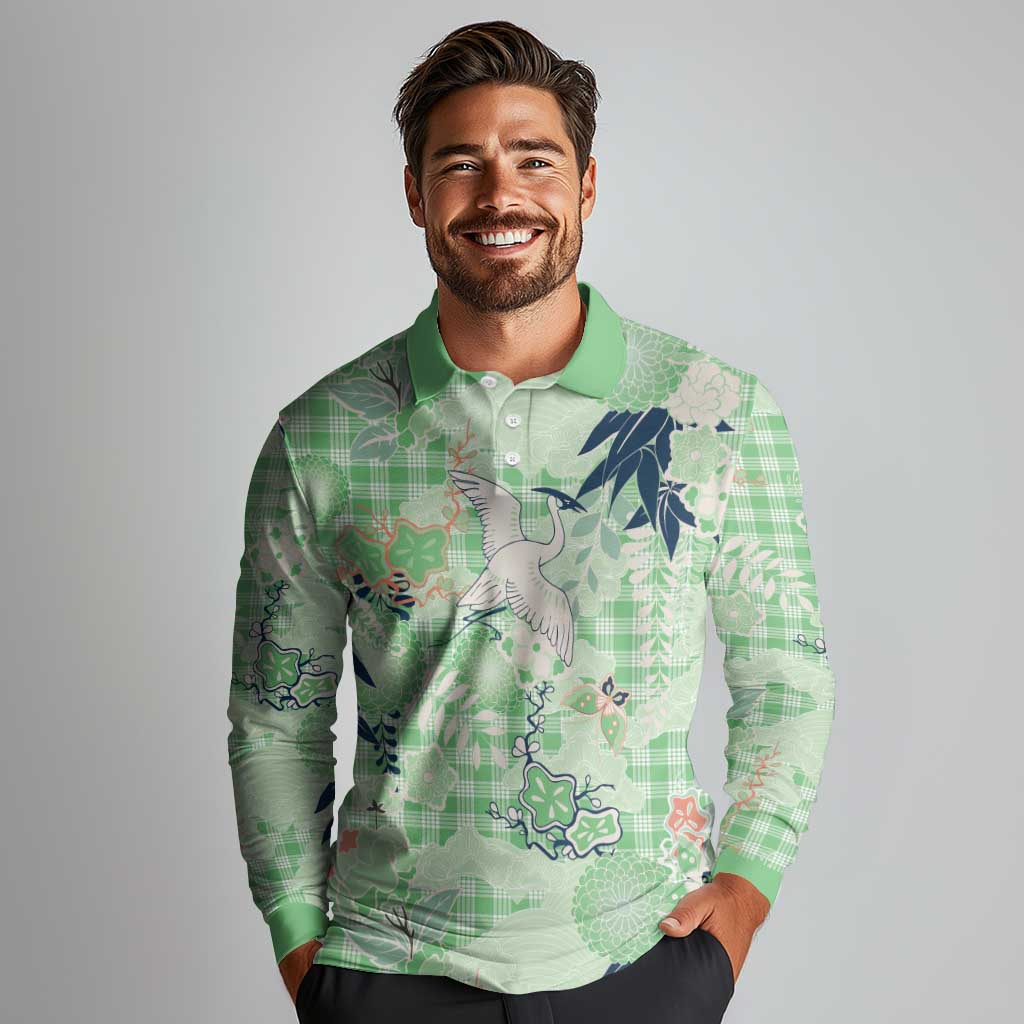 Green Palaka Crane and Flowers Long Sleeve Polo Shirt Japan Heritage Spirit LT9 - Polynesian Pride