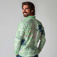 Green Palaka Crane and Flowers Long Sleeve Polo Shirt Japan Heritage Spirit LT9 - Polynesian Pride