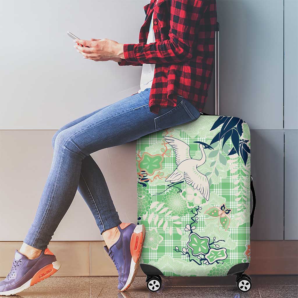 Green Palaka Crane and Flowers Luggage Cover Japan Heritage Spirit LT9 - Polynesian Pride