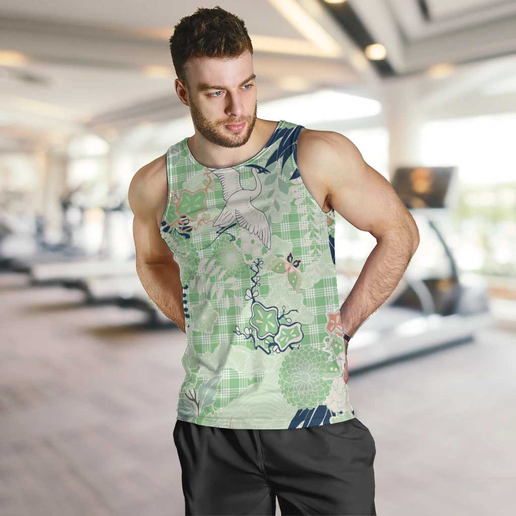 Green Palaka Crane and Flowers Men Tank Top Japan Heritage Spirit - Polynesian Pride
