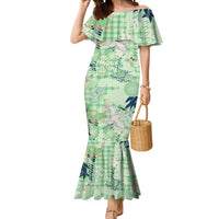 Green Palaka Crane and Flowers Mermaid Dress Japan Heritage Spirit LT9 Women Green - Polynesian Pride