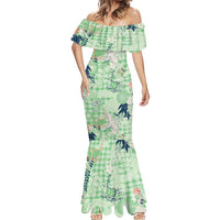 Green Palaka Crane and Flowers Mermaid Dress Japan Heritage Spirit LT9 - Polynesian Pride