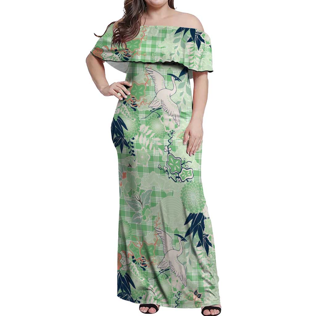 Green Palaka Crane and Flowers Off Shoulder Maxi Dress Japan Heritage Spirit LT9 Women Green - Polynesian Pride