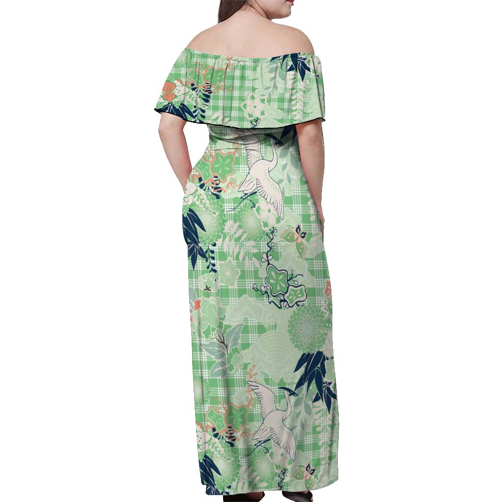 Green Palaka Crane and Flowers Off Shoulder Maxi Dress Japan Heritage Spirit LT9 - Polynesian Pride