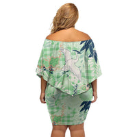 Green Palaka Crane and Flowers Off Shoulder Short Dress Japan Heritage Spirit LT9 - Polynesian Pride