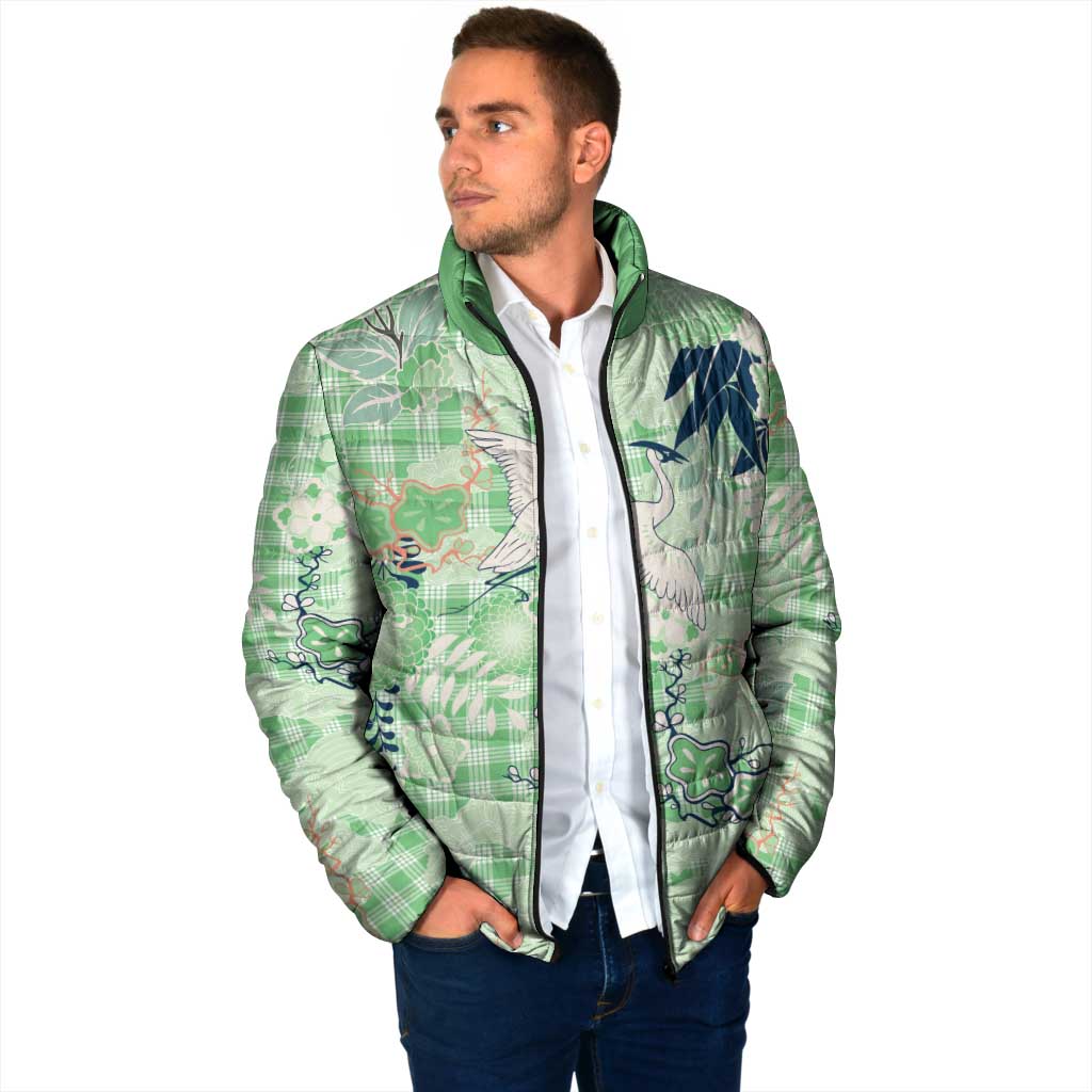 Green Palaka Crane and Flowers Padded Jacket Japan Heritage Spirit - Polynesian Pride