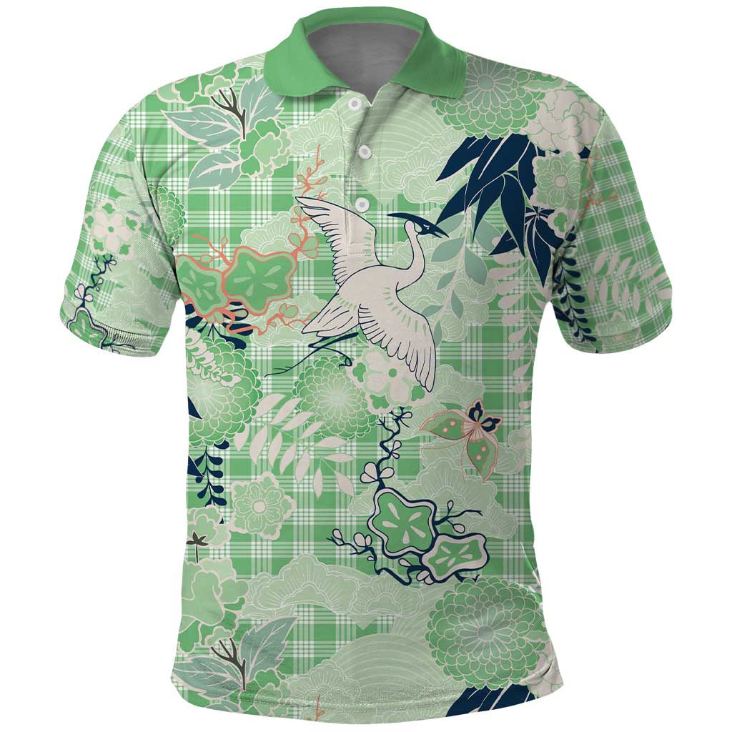 Green Palaka Crane and Flowers Polo Shirt Japan Heritage Spirit LT9 Green - Polynesian Pride
