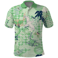 Green Palaka Crane and Flowers Polo Shirt Japan Heritage Spirit LT9 Green - Polynesian Pride