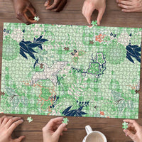 Green Palaka Crane and Flowers Puzzle Japan Heritage Spirit - Polynesian Pride
