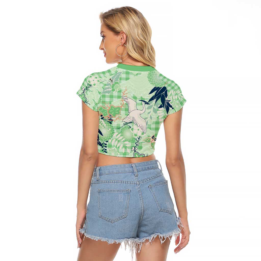 Green Palaka Crane and Flowers Raglan Cropped T Shirt Japan Heritage Spirit LT9 - Polynesian Pride