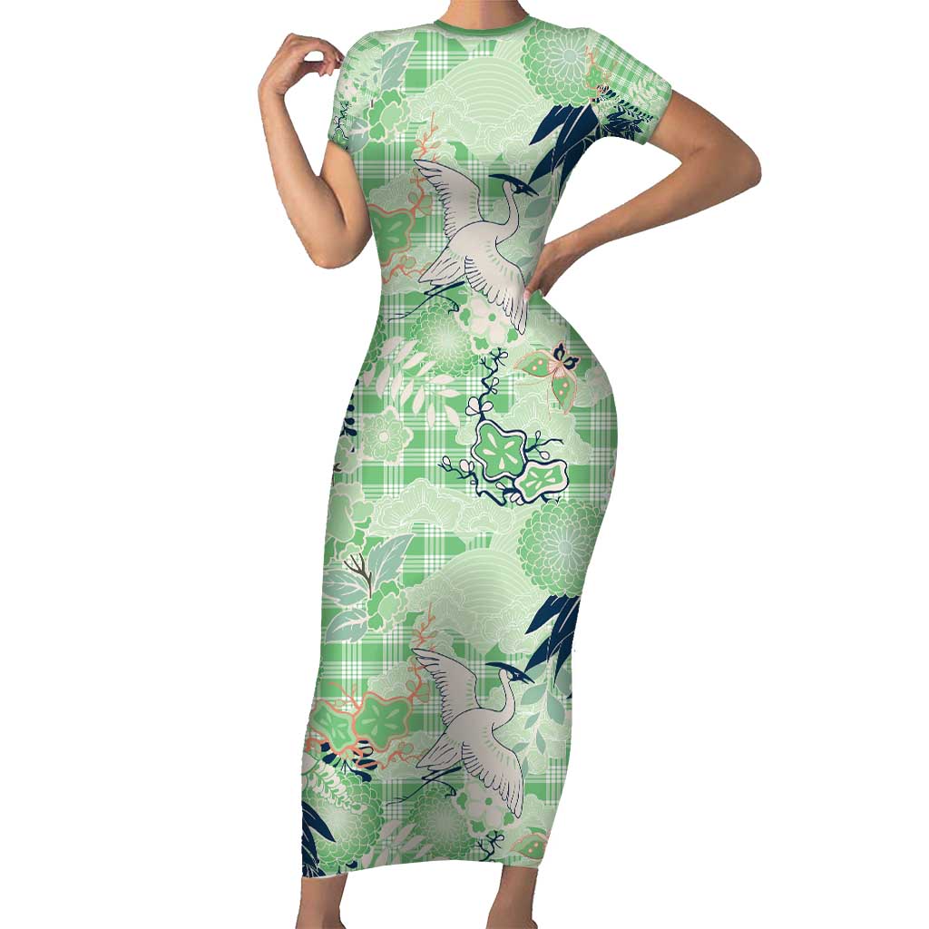 Green Palaka Crane and Flowers Short Sleeve Bodycon Dress Japan Heritage Spirit LT9 Long Dress Green - Polynesian Pride