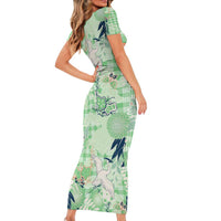 Green Palaka Crane and Flowers Short Sleeve Bodycon Dress Japan Heritage Spirit LT9 - Polynesian Pride