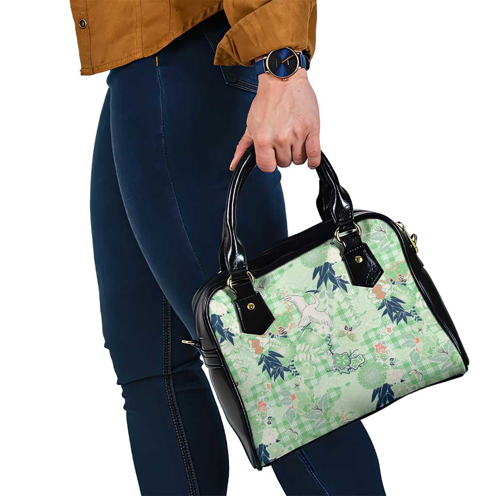 Green Palaka Crane and Flowers Shoulder Handbag Japan Heritage Spirit - Polynesian Pride
