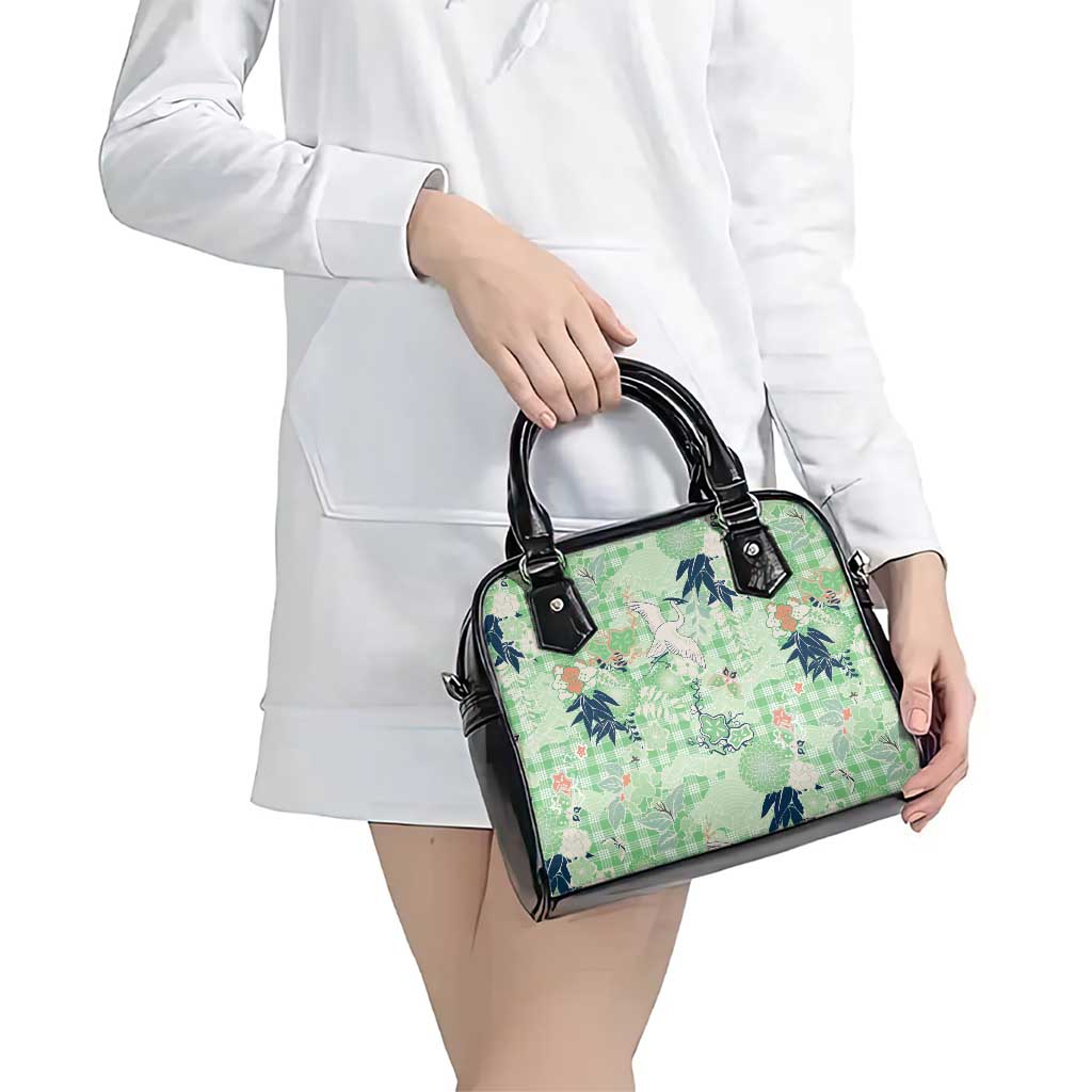 Green Palaka Crane and Flowers Shoulder Handbag Japan Heritage Spirit - Polynesian Pride
