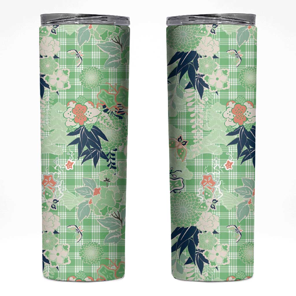 Green Palaka Crane and Flowers Skinny Tumbler Japan Heritage Spirit LT9 Green - Polynesian Pride