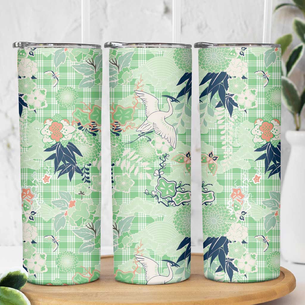 Green Palaka Crane and Flowers Skinny Tumbler Japan Heritage Spirit LT9 - Polynesian Pride