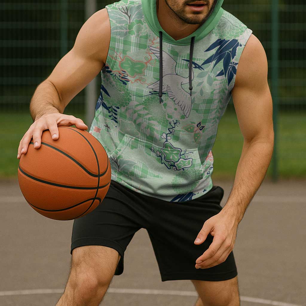 Green Palaka Crane and Flowers Sleeveless Hoodie Japan Heritage Spirit LT9 - Polynesian Pride