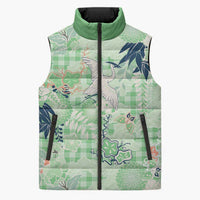 Green Palaka Crane and Flowers Sleeveless Puffer Jacket Japan Heritage Spirit LT9 Unisex Green - Polynesian Pride