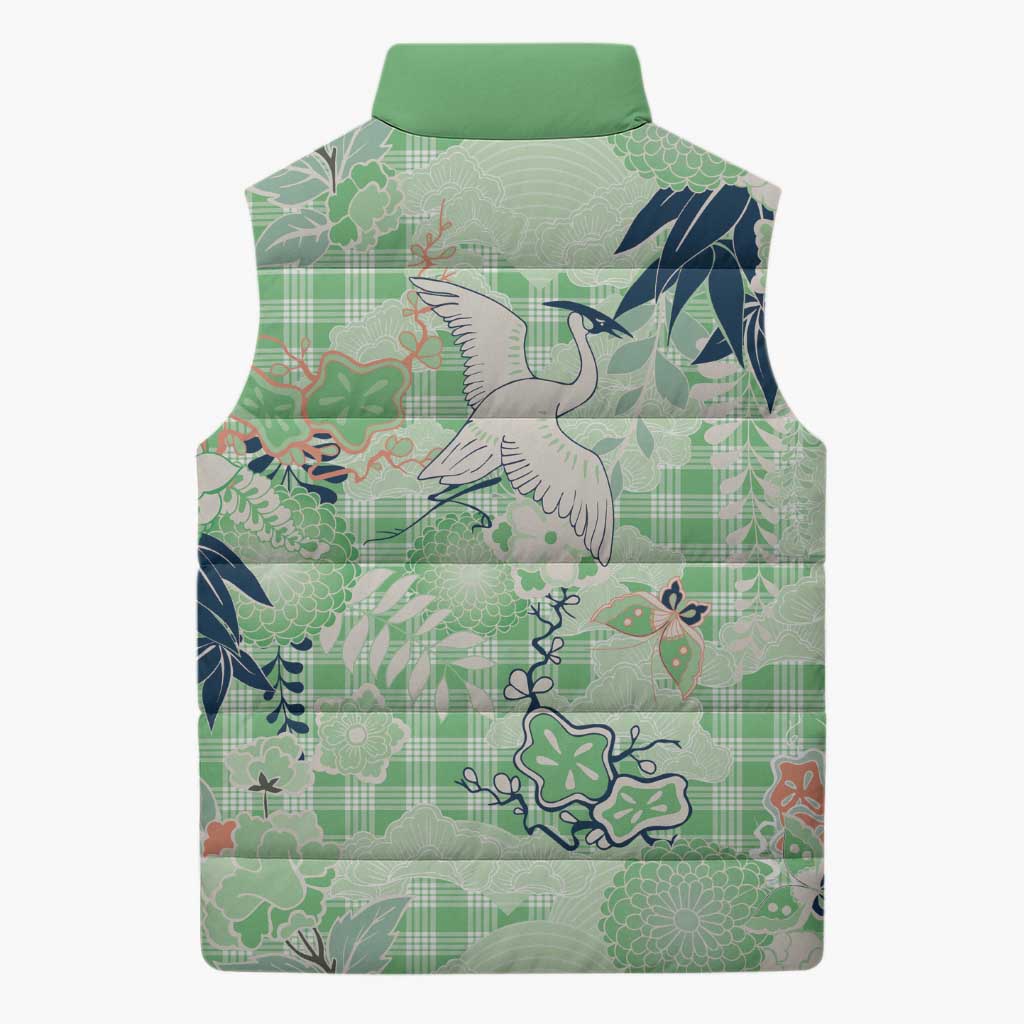 Green Palaka Crane and Flowers Sleeveless Puffer Jacket Japan Heritage Spirit LT9 - Polynesian Pride