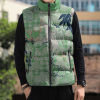 Green Palaka Crane and Flowers Sleeveless Puffer Jacket Japan Heritage Spirit LT9 - Polynesian Pride