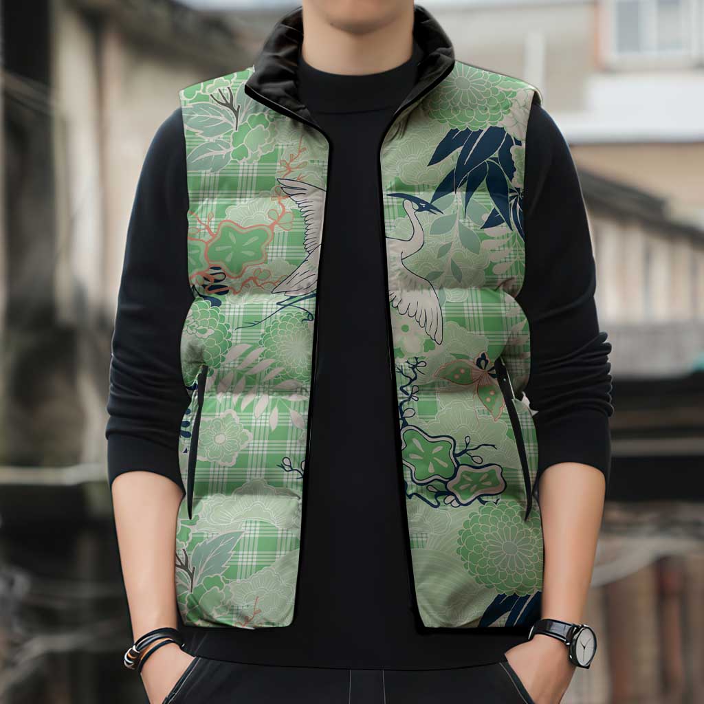 Green Palaka Crane and Flowers Sleeveless Puffer Jacket Japan Heritage Spirit LT9 - Polynesian Pride