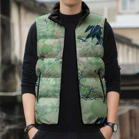 Green Palaka Crane and Flowers Sleeveless Puffer Jacket Japan Heritage Spirit LT9 - Polynesian Pride