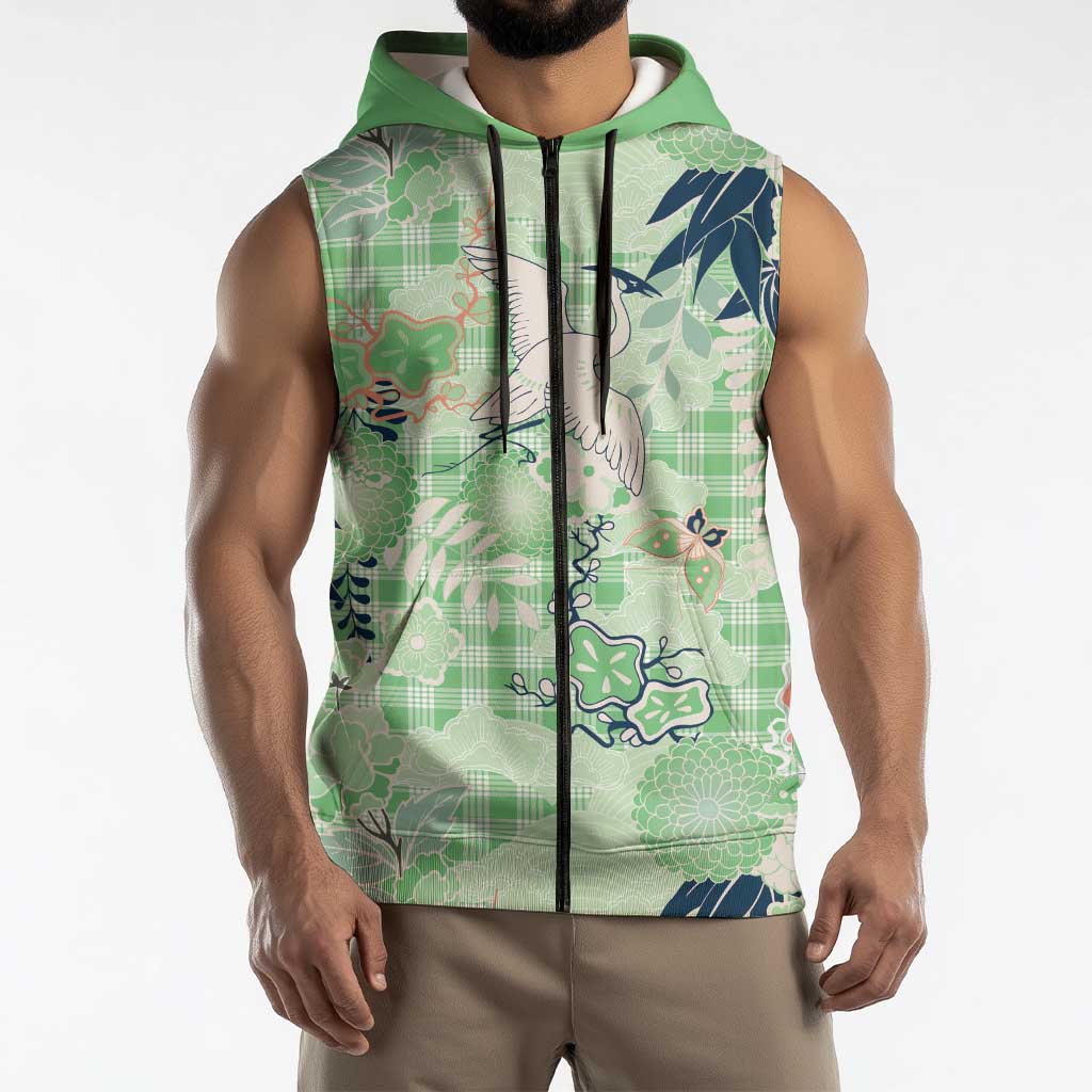 Green Palaka Crane and Flowers Sleeveless Zip Hoodie Japan Heritage Spirit LT9 - Polynesian Pride