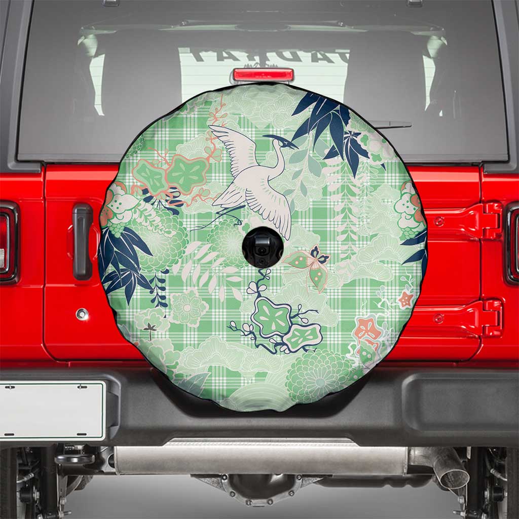 Green Palaka Crane and Flowers Spare Tire Cover Japan Heritage Spirit LT9 - Polynesian Pride