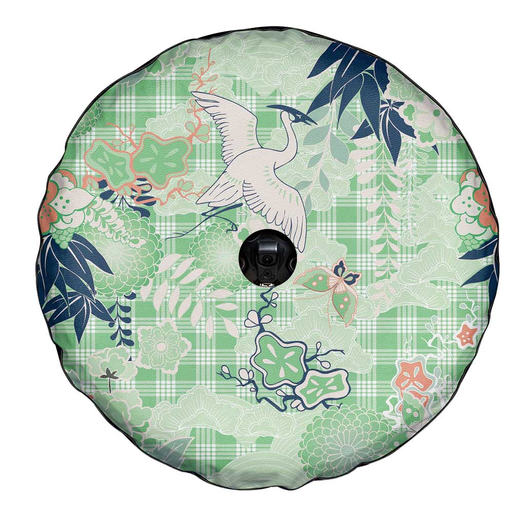 Green Palaka Crane and Flowers Spare Tire Cover Japan Heritage Spirit LT9 - Polynesian Pride