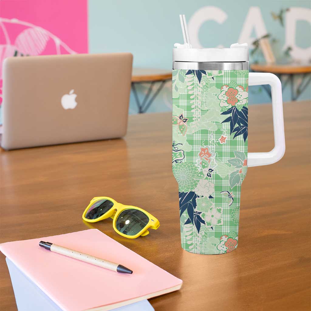 Green Palaka Crane and Flowers Tumbler With Handle Japan Heritage Spirit - Polynesian Pride