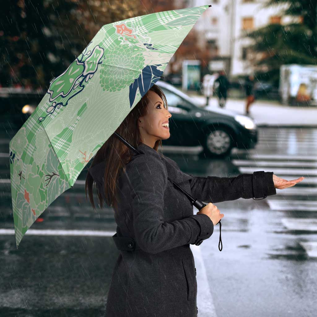 Green Palaka Crane and Flowers Umbrella Japan Heritage Spirit - Polynesian Pride